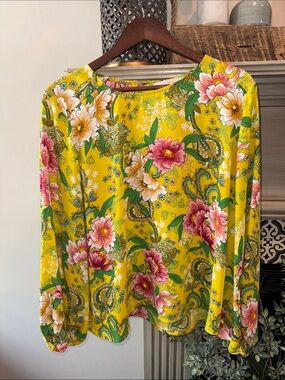 LOFT Yellow Floral Long Sleeve Blouse with Pink & Green Blooms